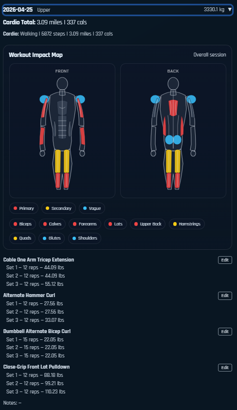 Workout log screenshot